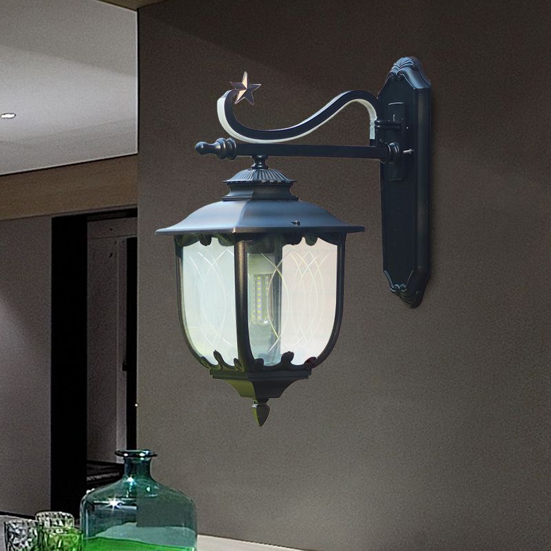 Schwarze Laternenwandländer strukturiert/Wasser Glas 1 Licht 9 "/13" W Außenwandhalterung Lampe