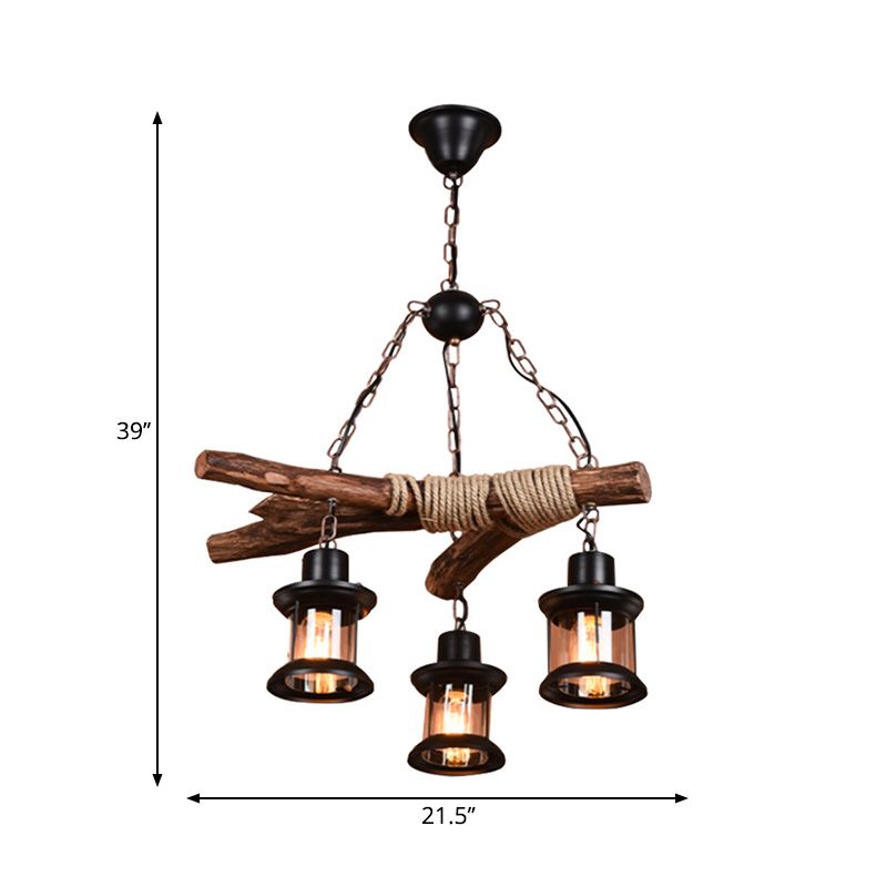 Plafond à 3 bulbs avec ombre lanterne Verre transparent vintage salle à manger pendante lustre en noir