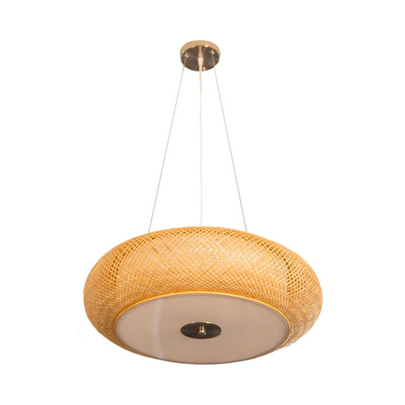 12"/16"/19.5" Wide Donut Ceiling Lamp Retro Bamboo 3 Bulbs Wood Hanging Light Fixture