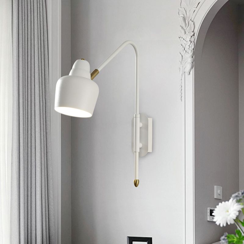 Iron Bowled Wall Mounted Lamp Vintage 1-Light Bedroom Wall Light Sconce in White/Gold with Curved Arm