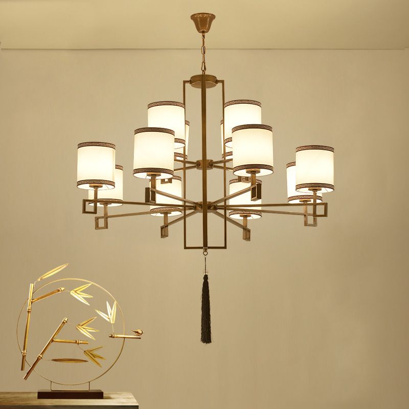 Cylindrical Fabric Suspension Lamp Retro Lobby Living Room Chandelier with Tassel