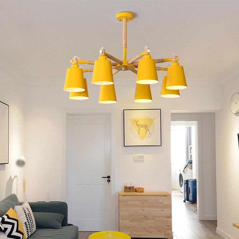 Lámpara de araña de estallido Starburst madera nórdica 8 luces colgante de techo con sombra de metal cónico