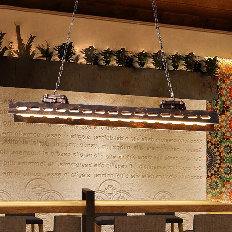 Rectangle Restaurant Island Lighting Antiqued Iron 2 Bulbs Rust Finish Ceiling Hang Fixture
