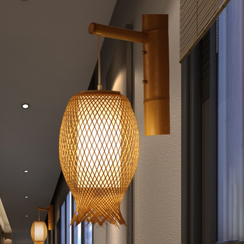 Bamboo Handcrafted Sconce Light Asia 1 Head Khaki Wall Mount Lighting with Inner Tube White Parchment Shade