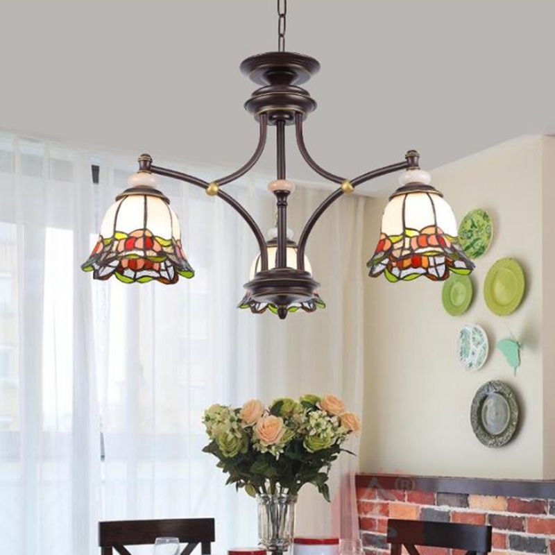 Tiffany Flower Chandelier Lamp 3/6/8 Lights Stained Glass Suspension Lighting in Black for Living Room