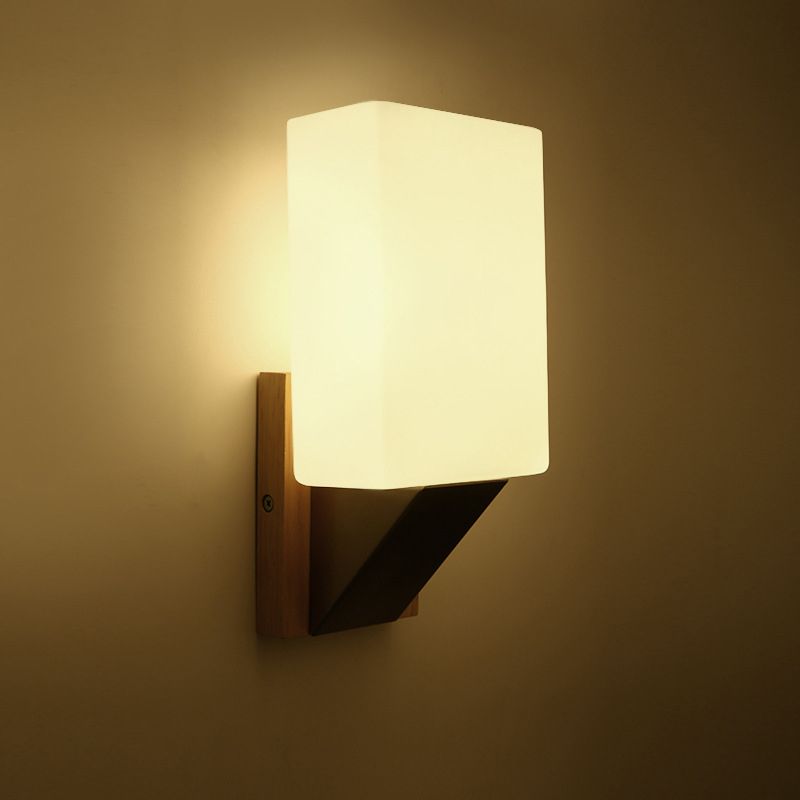 Modern Concise 1-Light Wall Lamp Wooden Geometric Wall Sconce with Glass Shade
