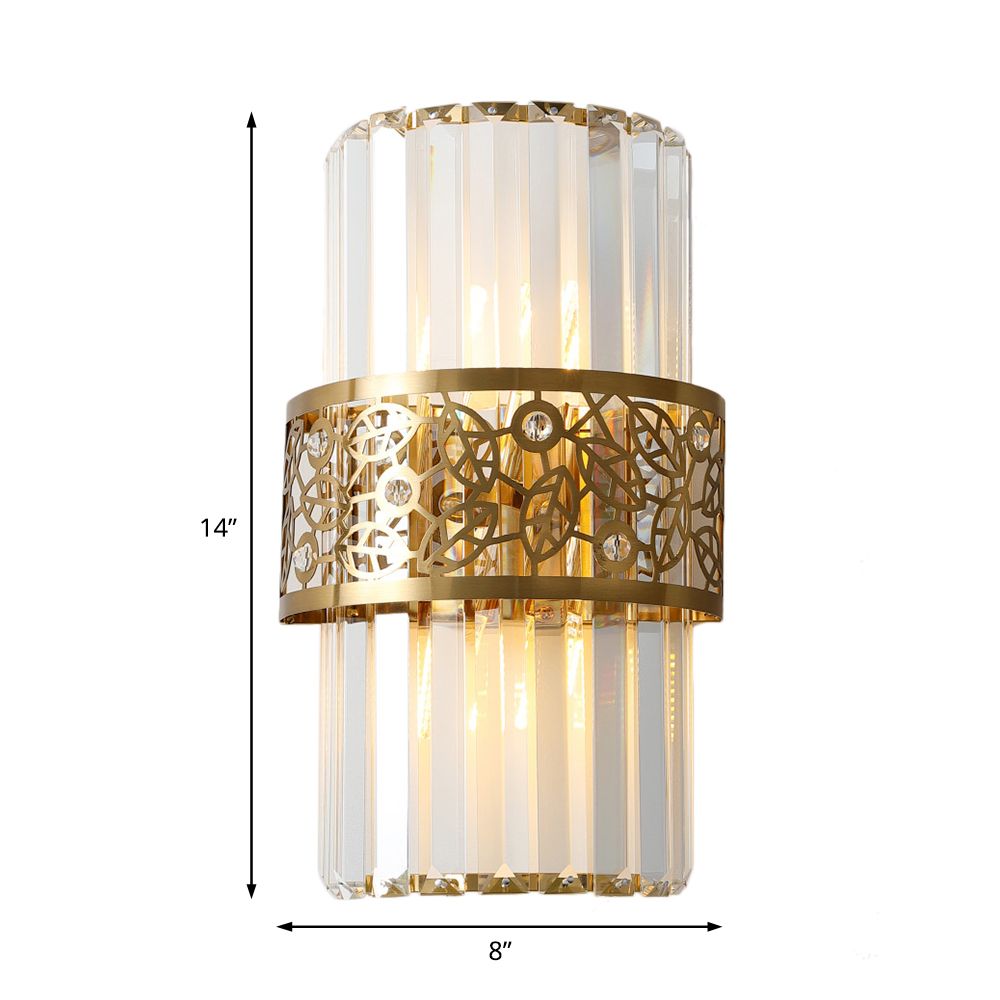 Cylinder Wall Light Modernist Crystal Rectangle 2 Lights Study Room Sconce Light with Brass Hollow Belt