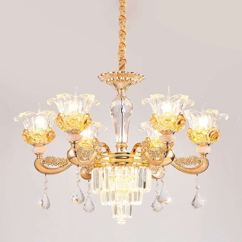6 luci Lampada a sospensione in vetro trasparente tradizionale lampadario della sala da pranzo fiore oro con accento di cristallo a più livelli