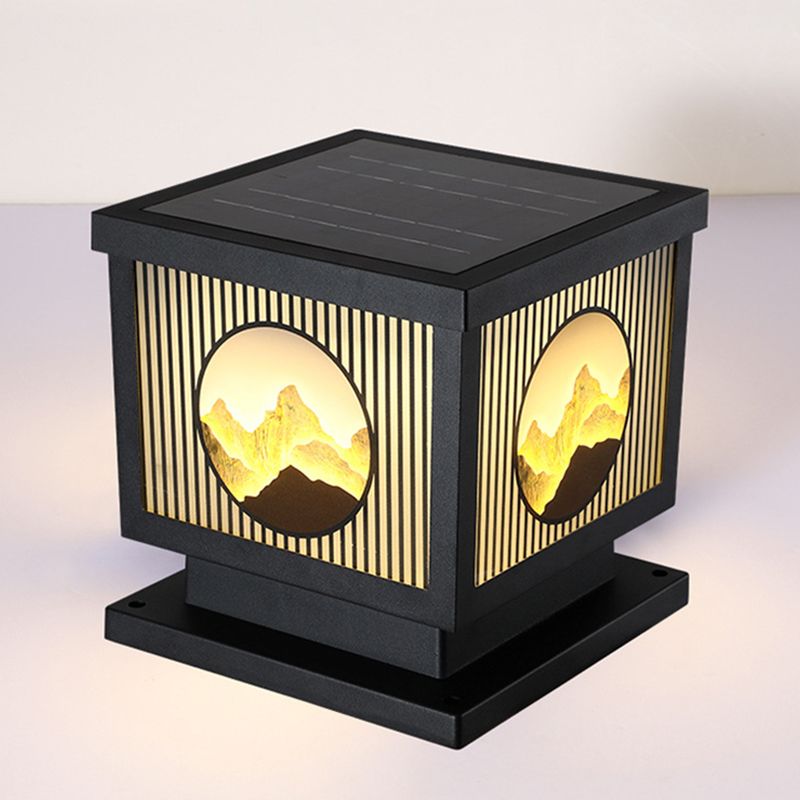 Modern Metal Solar Pillar Lamp Square Shape Outdoor Waterproof Light in Black