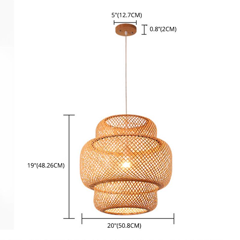 Natural Bamboo Weaving Lantern Hanging Light Asian Style Simplicity 1-Bulb Lighting Fixture in Beige