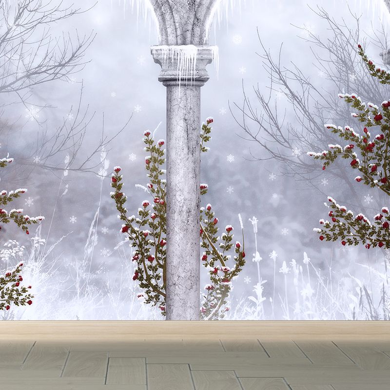 Gray Snowy Forest Mural Wallpaper Moisture Resistant Wall Covering for Living Room