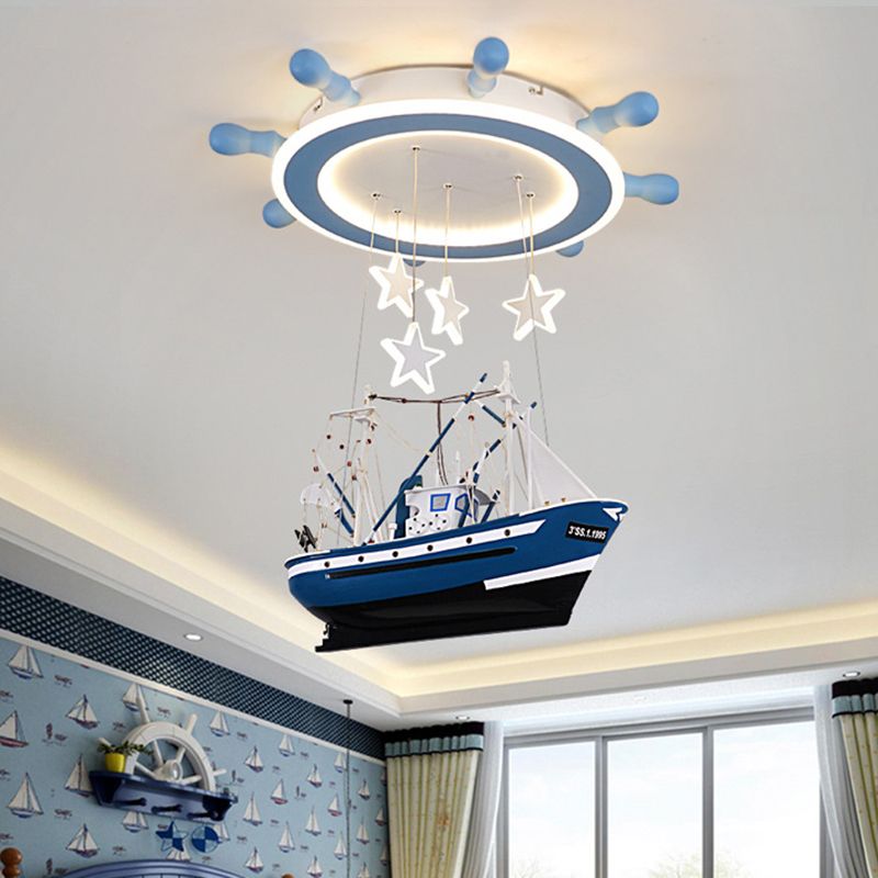 Marine Rudder Deckenleuchte aus Acryl, Kinderblau, integrierte LED-Unterputzbeleuchtung mit hängendem Segelboot