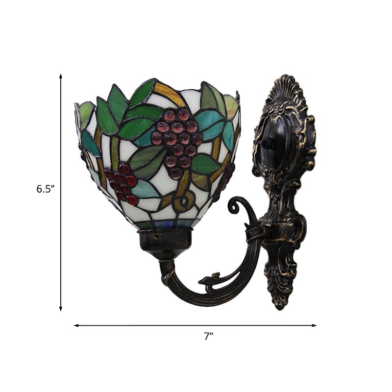 Tiffany Bowl Wall Sconce 1 Head Stained Glass Grape Patterned Wall Mount Lamp in Green and White/Black
