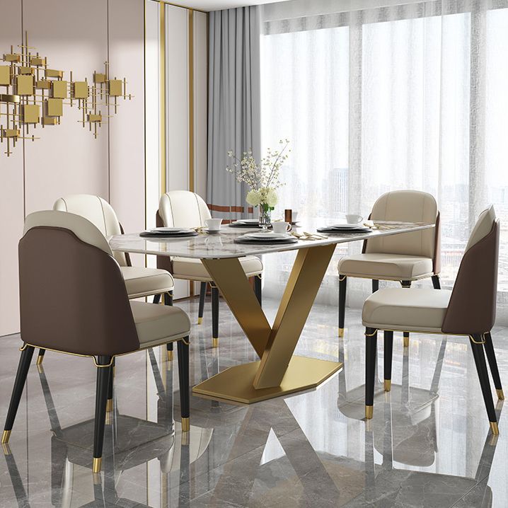 Luxury Sintered Stone Top Table Rectangle Indoor Table with Gold Pedestal