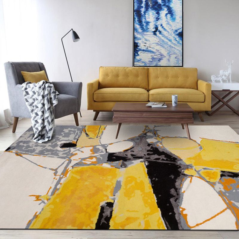 Modern Watercolor Pattern Rug Yellow and Beige Polyester Rug Washable Non-Slip Backing Area Rug for Bedroom