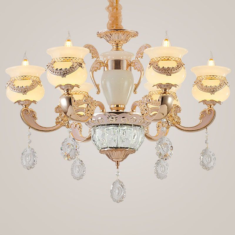 Gold Candle Pendant Chandelier Country Jade Living Room Hanging Lighting with Crystal Accent