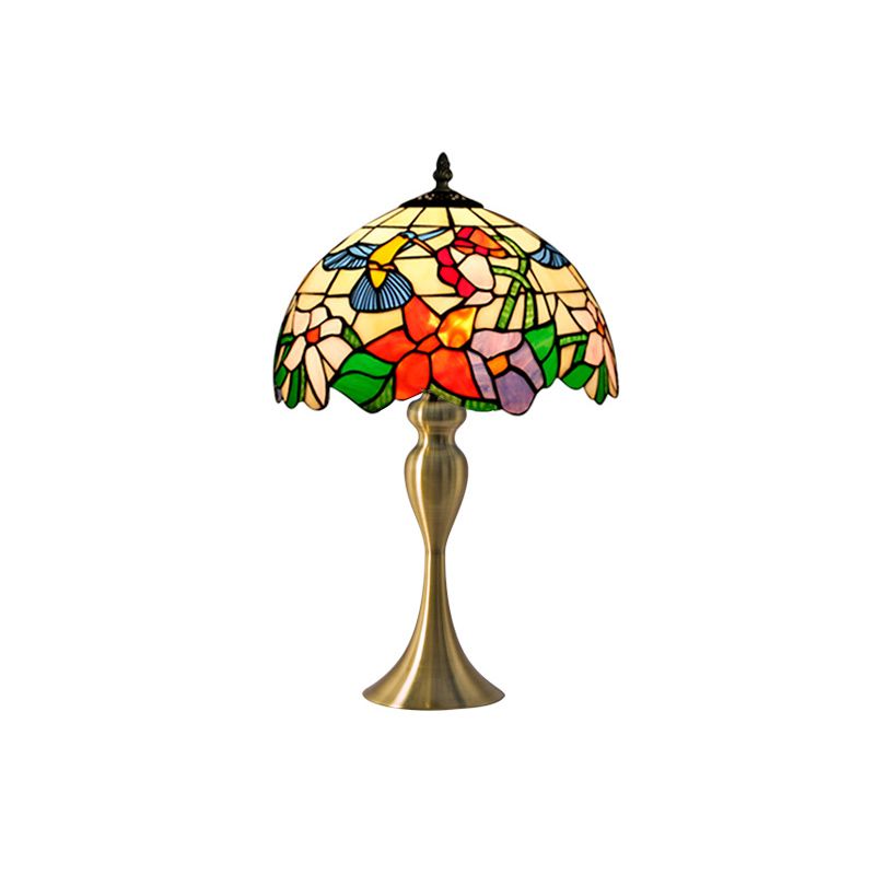 Vintage Dome Table Lamp Single-Bulb Handcrafted Glass Nightstand Lighting with Floral Pattern