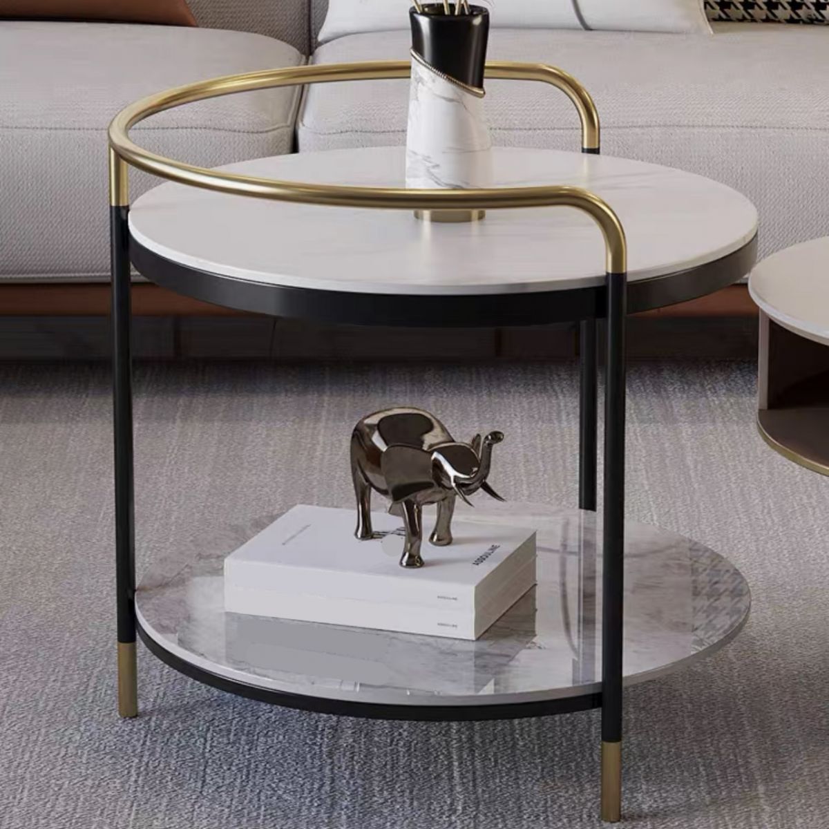 Contemporary with Shelf 3 Legs Round Double Tier Side End Table