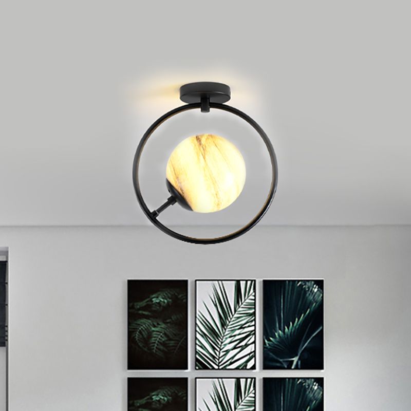 Sphere Semi Flush Mount Modernist White/Yellow Glass 1 Light Black Semi Flush Mount Light Fixture with Iron Ring
