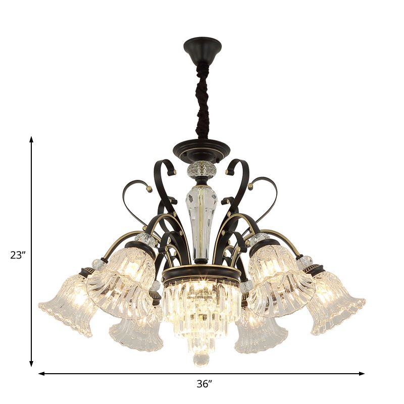 Traditional 6-Light Chandelier Clear Crystal Shaded Floral Ceiling Pendant Light in Black