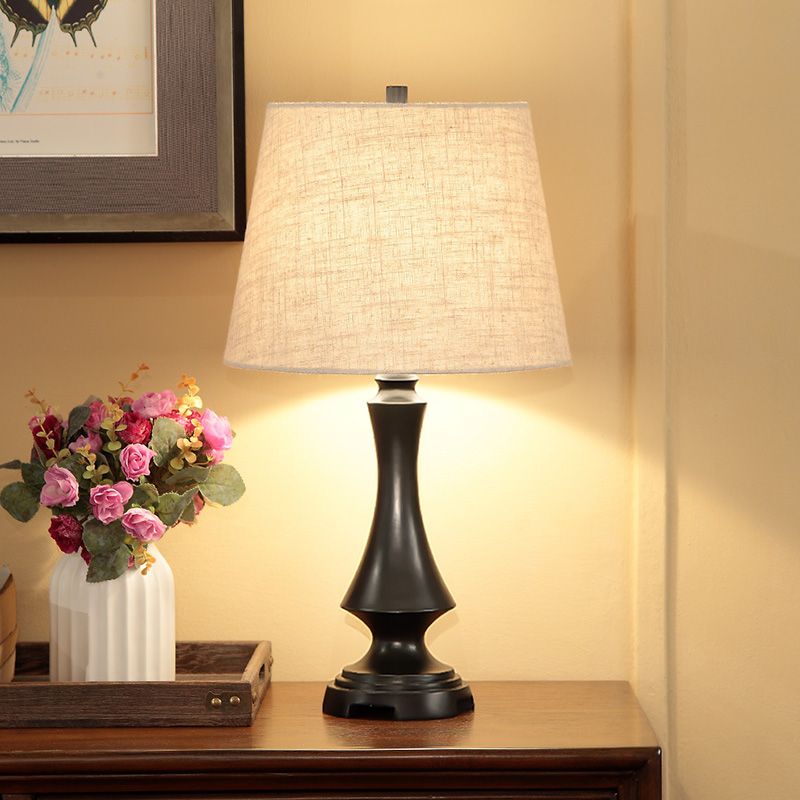1 Head Fabric Desk Lighting Countryside Black/Brown Conical Bedroom Night Light with Slender Base