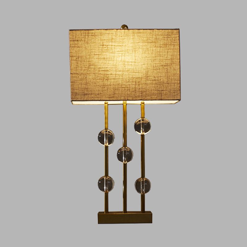 Rural Rectangle Night Light 1 Light Fabric Table Lamp in Beige for Bedroom with Crystal Deco