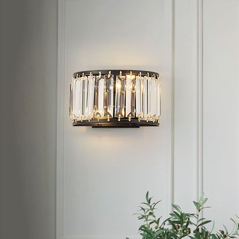 Demilune Crystal Wall Light Sconce Post-Modern 2 Bulbs Living Room Wall Mount Lamp in Black/Gold