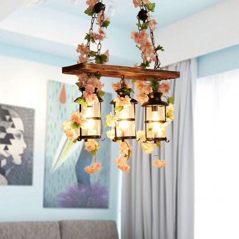 Lantern Restaurant Island Ceiling Light Retro Wooden 2/3 Heads Pink/Green LED Drop Lamp with Plant/Flower Decor