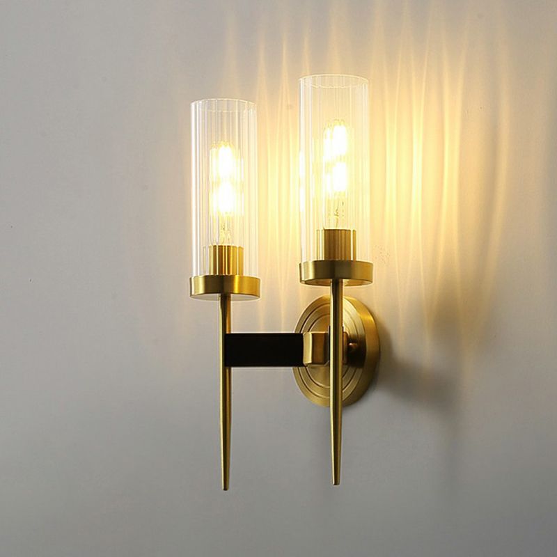 Prismatic Glass Tube Wall Light Postmodern Brass Finish Sconce Fixture for Living Room
