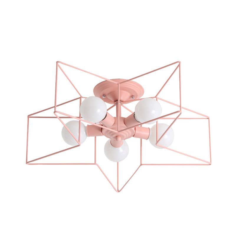 Pentacle Frame Iron Flush Mount Light Kids 5-Bulb Pink/Grey/Blue Semi Flush Ceiling Light for Baby Room