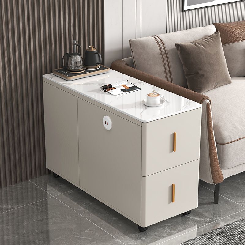 Sofa Side Accent Table with 2 Storage Drawers and Rectangle Stone Top