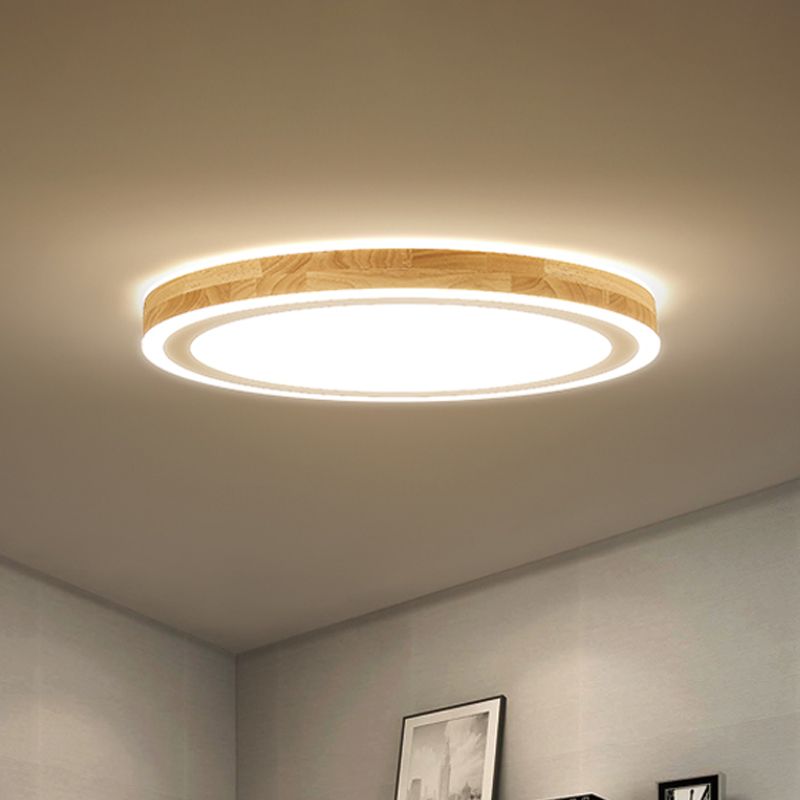 Super Thin Round Flush Lighting 12"/15" Dia Nordic Style Natural Wood LED Ceiling Lamp Kit for Bedroom