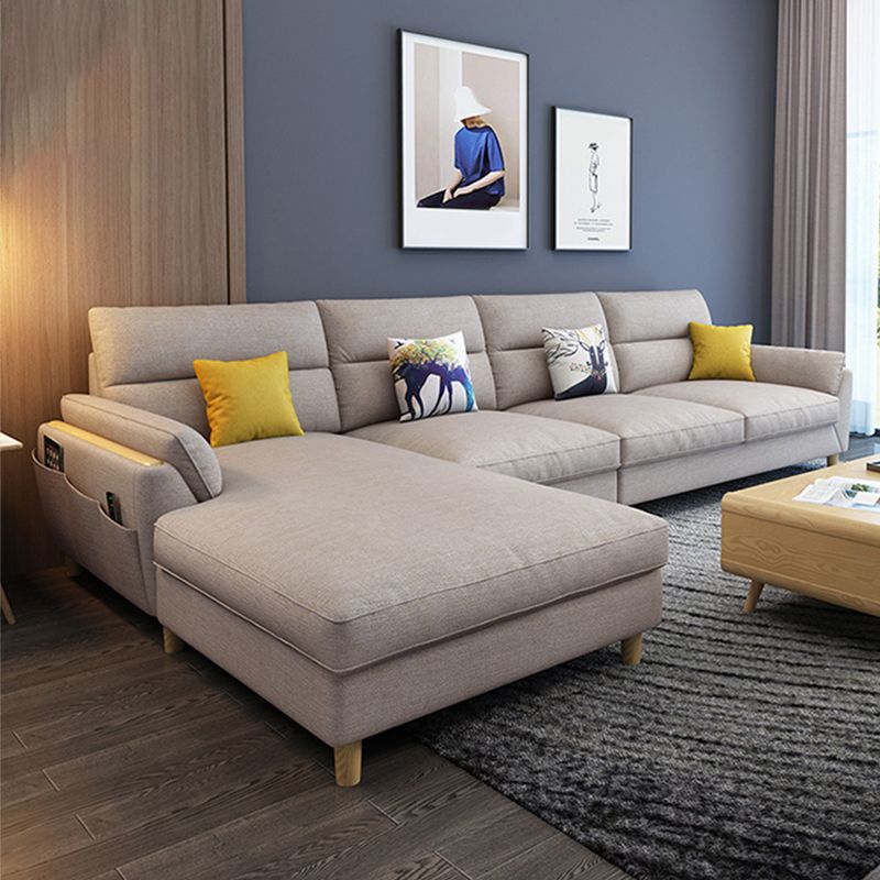 Flared Arm Linen Sectional Sofa Scandinavian Sectional with Wood Legs