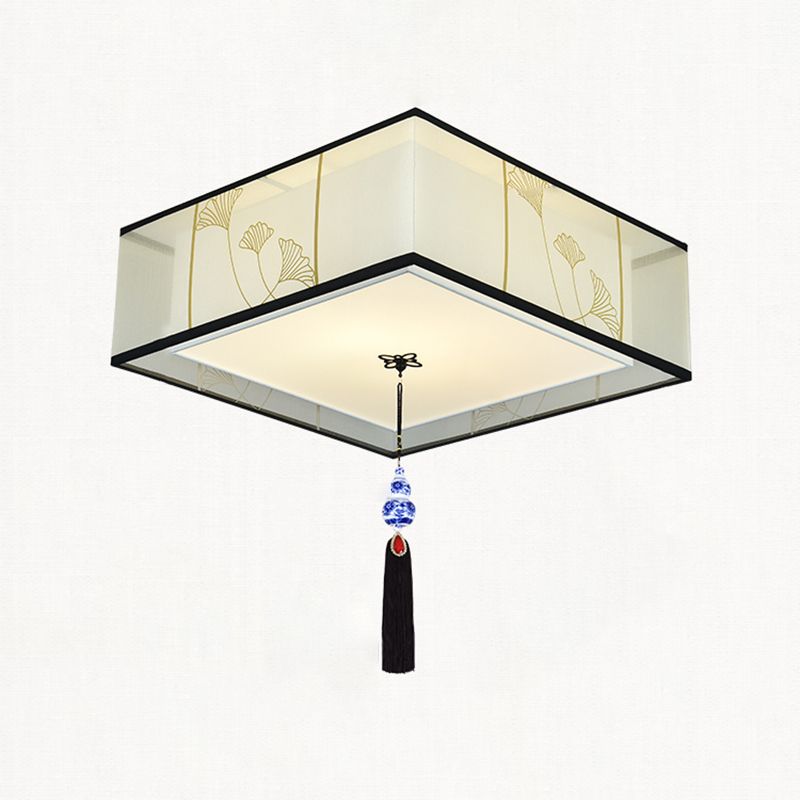 New Chinese Ceiling Light Geometry Shape Ceiling Lamp with Fabric Shade for Bedroom