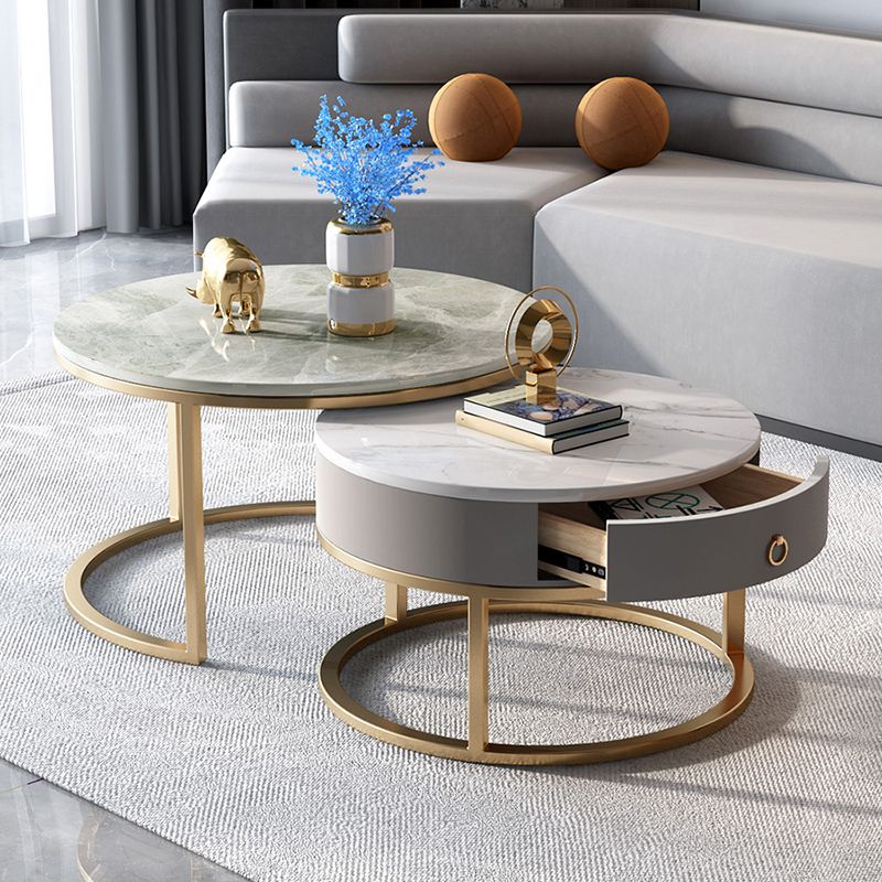 Slate Round Frame Coffee Table Modern Nesting Coffee Table Set with Drawer