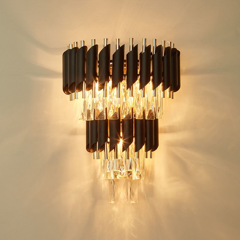 3-Bulb Tiered Tapered Flush Wall Sconce Contemporary Black Beveled Crystal Wall Light Fixture