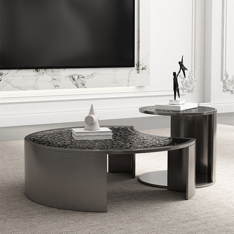Glass Top Coffee Table Round Nesting Coffee Table Set with Grey Legs
