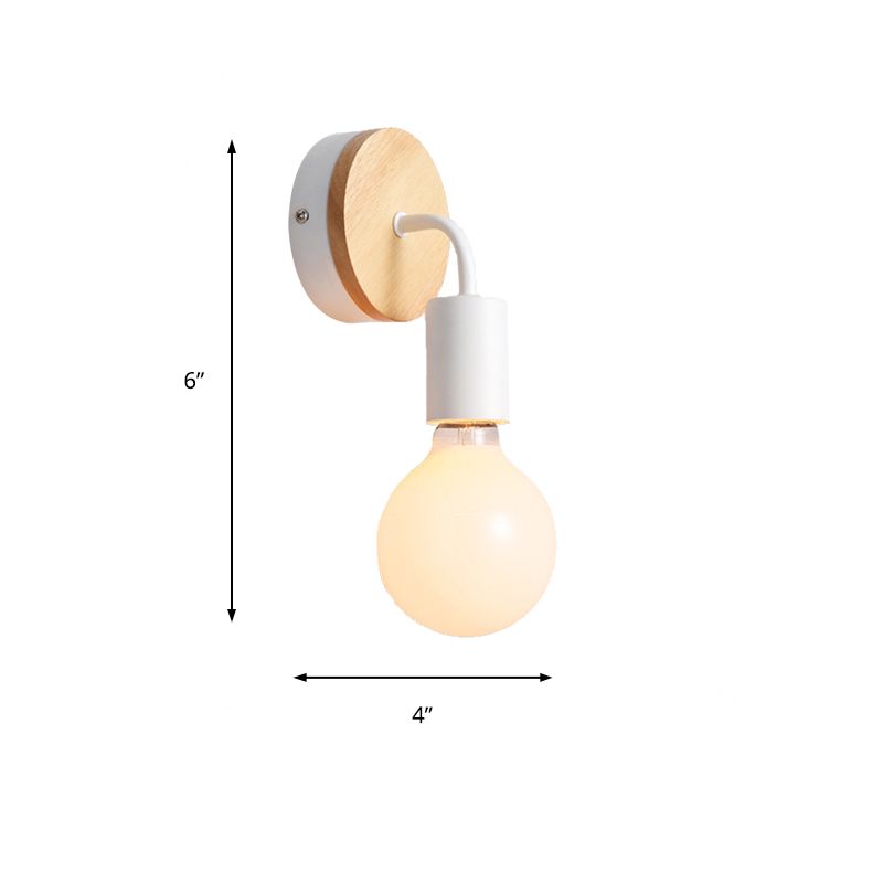 Nordic Elemy Bare Balb Wall Light Gnonce Metal and Wood 1 Light Bedroom Wall Lampe With Curved Bras en blanc