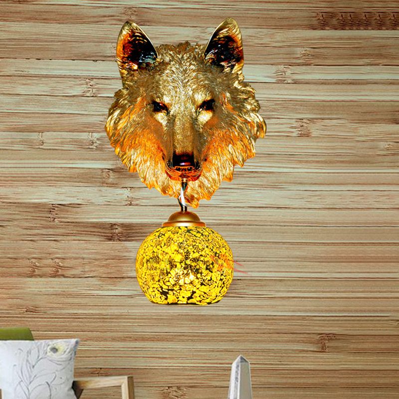 Silver/Gold 1 Light Wall Mount Lamp Tiffany Style Hand Cut Glass Wolf Head Sconce for Living Room
