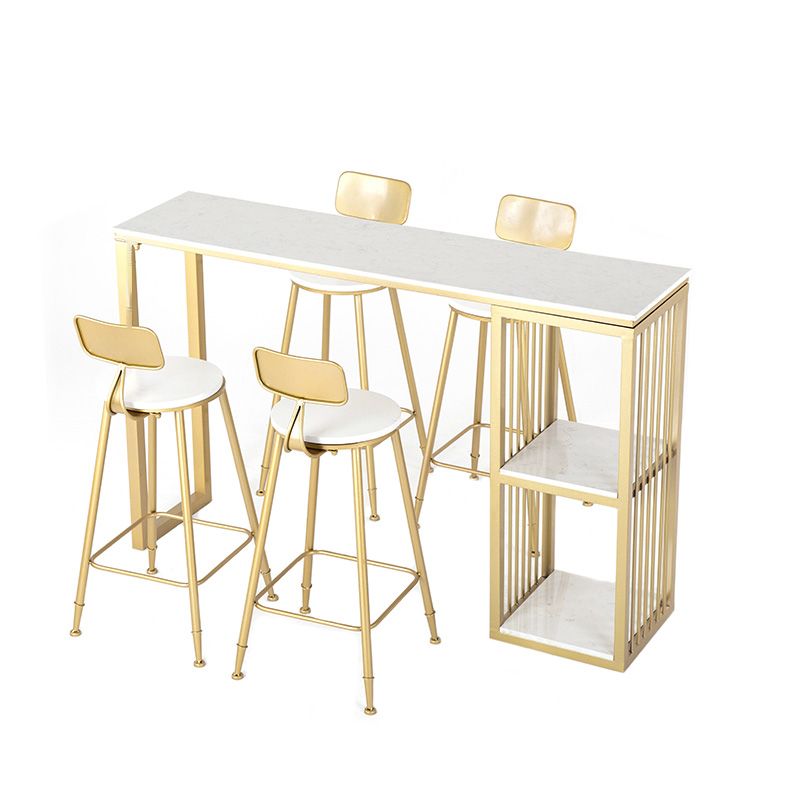 White Rectangle Faux Marble Top Bar Table Industrial Double Pedestal with Shelves