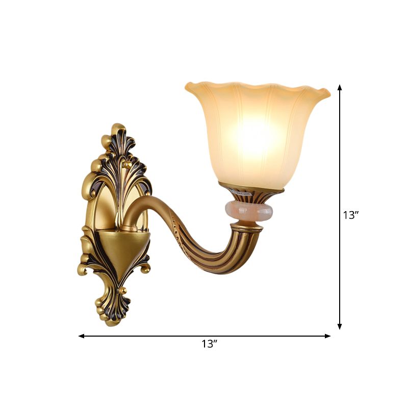 1/2-Head Wall Light Sconce Traditional Flower-Shape Opal Glass Up Wall Mount Lamp Fixture in Brass