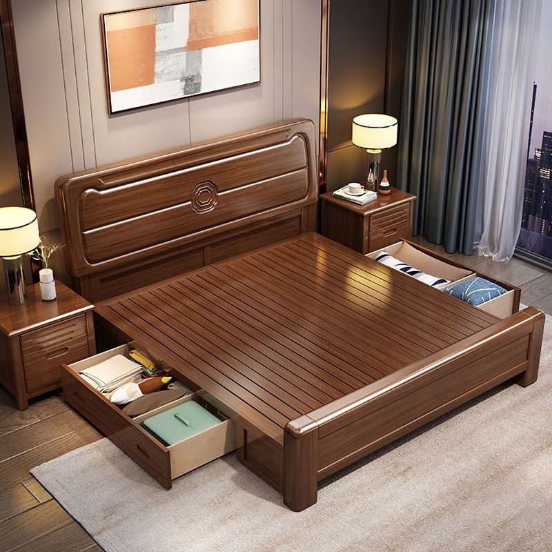 Mid-Century Modern Panel Bed Solid Wood Standard Bed with Headboard