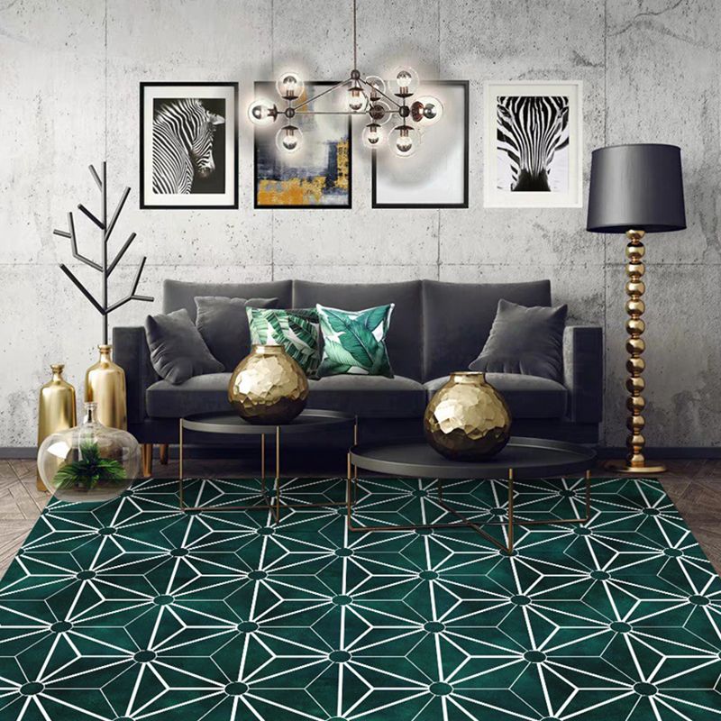 Green Geometric Pattern Rug Polyester Modern Rug Washable Non-Slip Pet Friendly Carpet for Living Room