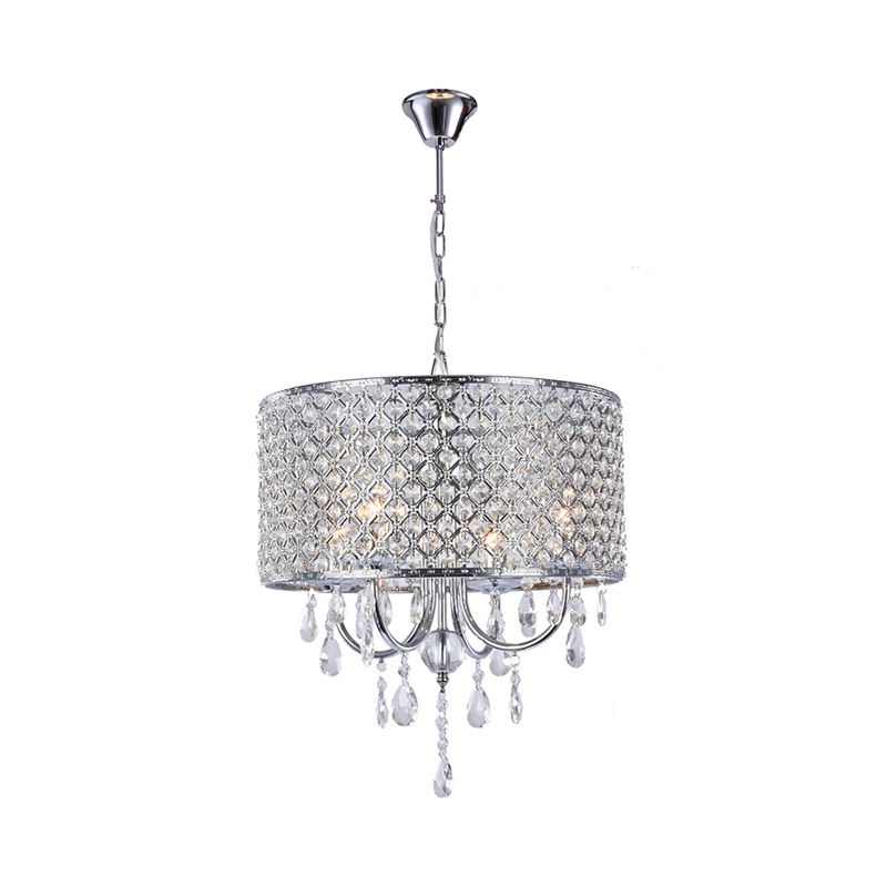 Crystal Black/Chrome Pendant Lamp Drum Shaped 4 Lights Rustic Chandelier Light Fixture for Dining Room