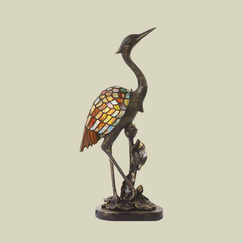 1 Light Table Lighting Tiffany Crane Shape Stained Glass Plug-In Night Lamp in Bronze with Resin Base