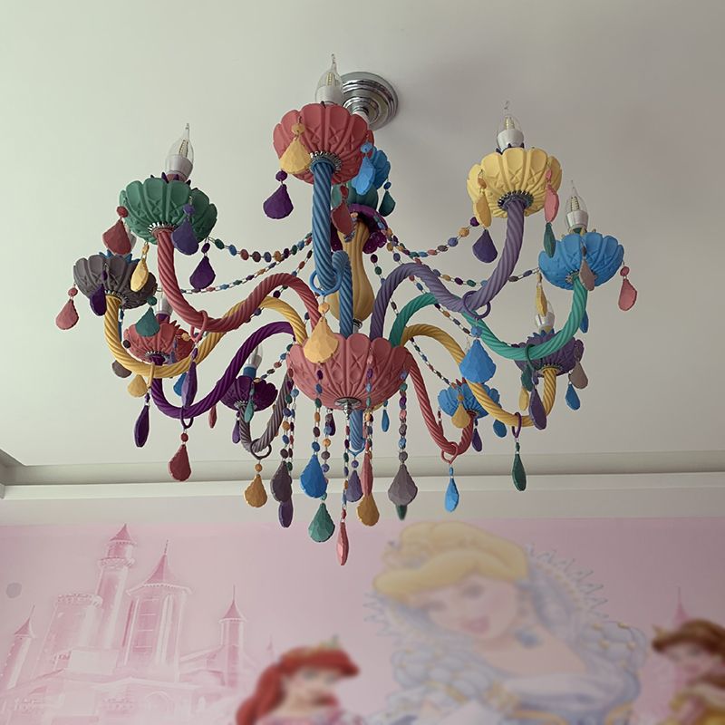 Candle Baby Room Chandelier Metal Macaron Suspension Light with Crystal Drapes