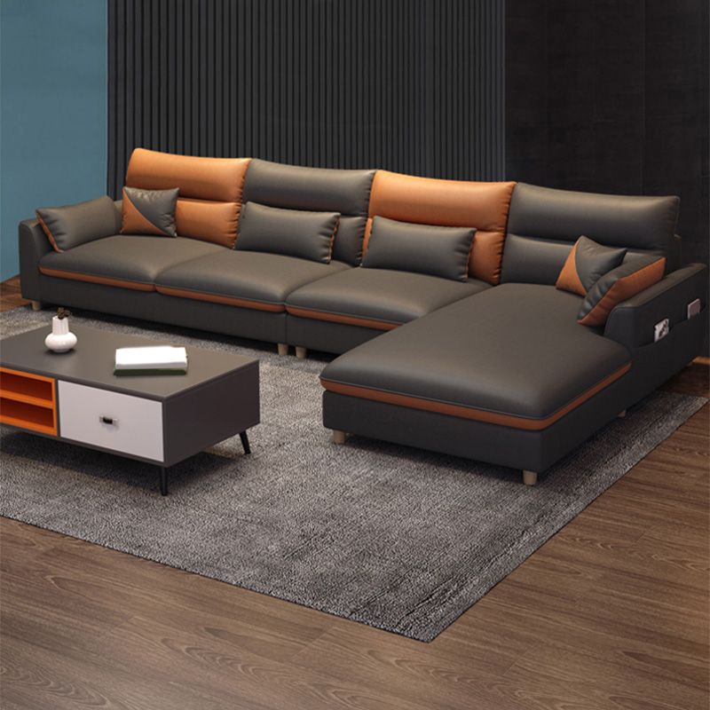 Contemporary Right Hand Facing Sofa & Chaise L-Shape Faux Leather Sofa