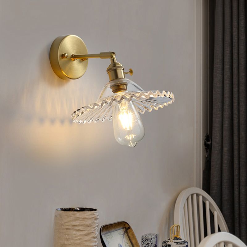 Brass Contemporary Armed Wall Mounted Light Fixture 1-Light Glass Sconce Light for Bedroom