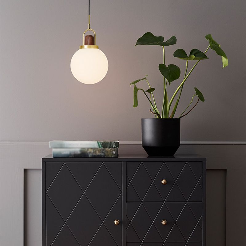 Opal Glass Ball Shade Pendulum Lamp Simple 1-Light Brass Pendant Light for Bedroom