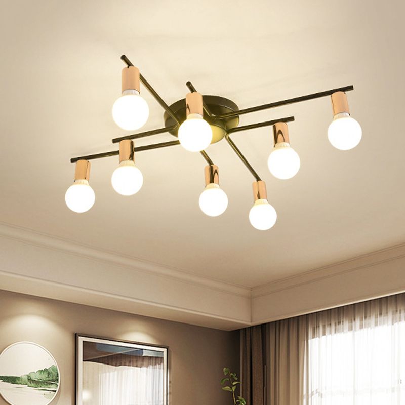 Gold 6/8/10-Head Ceiling Flush Traditional Iron Starburst Semi Flush Light Fixture with White Glass Shade